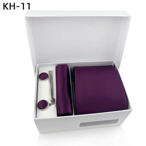 Mens Silk Tie 8cm Solid Red Blue Necktie Handkerchief Cufflinks Gift box set Formal Ties For Man Workplace Business Wedding Gift