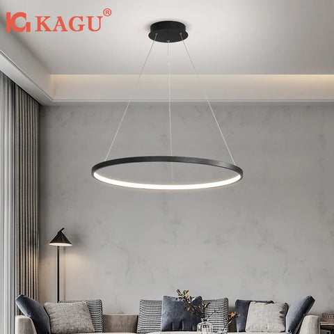 Modern Round LED Chandelier Black/White - Dimmable Pendant Light for Kitchen Living Room, Surface Mounted Minimalist Home Lighti