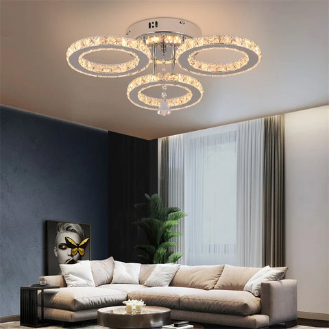 5 Rings Crystal Led Chandeliers Ceiling Mirror Stainless Steel Lustre Cristal For Kitchen Luminarias Parateto Fixtures Plafonier