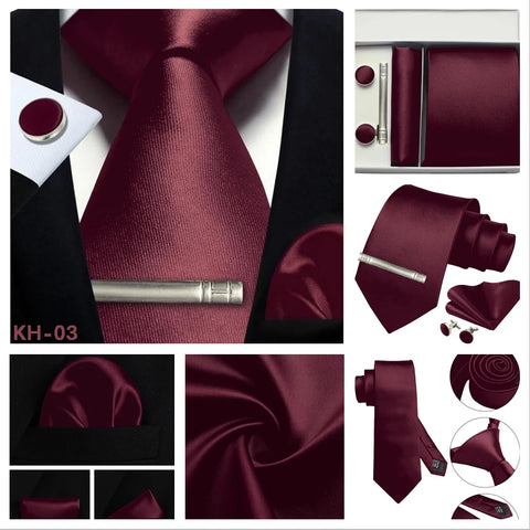 Mens Silk Tie 8cm Solid Red Blue Necktie Handkerchief Cufflinks Gift box set Formal Ties For Man Workplace Business Wedding Gift