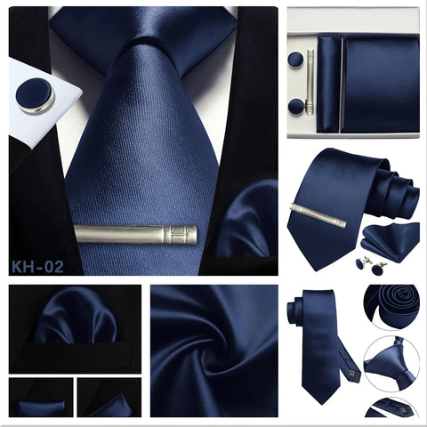 Mens Silk Tie 8cm Solid Red Blue Necktie Handkerchief Cufflinks Gift box set Formal Ties For Man Workplace Business Wedding Gift