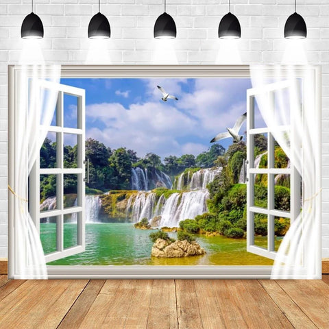 Nature Scenery Waterfall Mountain Water Backdrop Spring Landscape Window Summer Forest Jungle Background Photography Banner Prop