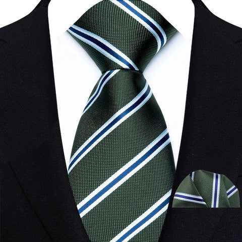 Men's Ties Dark Green Color Dot Striped Floral 8cm Jacquard Necktie Handkerchief Set Accessories Daily Wear Cravat Wedding Party