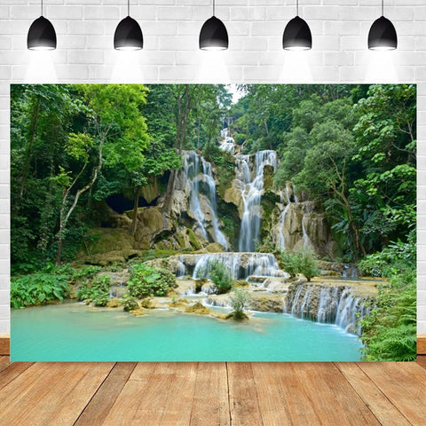 Nature Scenery Waterfall Mountain Water Backdrop Spring Landscape Window Summer Forest Jungle Background Photography Banner Prop