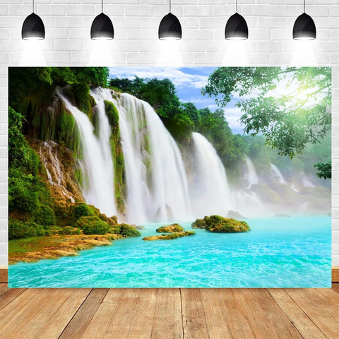 Nature Scenery Waterfall Mountain Water Backdrop Spring Landscape Window Summer Forest Jungle Background Photography Banner Prop