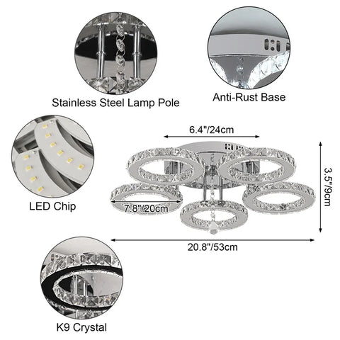 5 Rings Crystal Led Chandeliers Ceiling Mirror Stainless Steel Lustre Cristal For Kitchen Luminarias Parateto Fixtures Plafonier