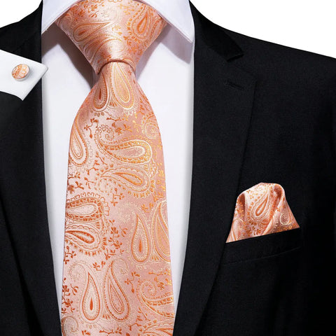 Hi-Tie Designer Orange Paisley Silk Wedding Tie For Men Handky Cufflink Gift Mens Necktie Fashion Business Party Dropshiping