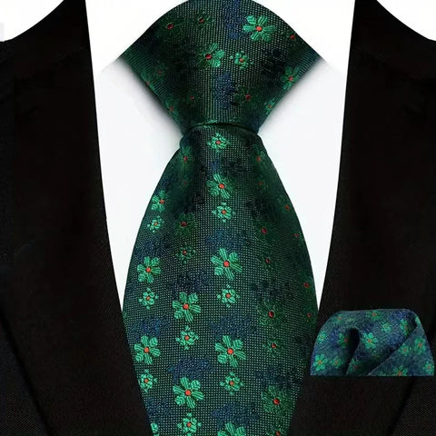 Men's Ties Dark Green Color Dot Striped Floral 8cm Jacquard Necktie Handkerchief Set Accessories Daily Wear Cravat Wedding Party