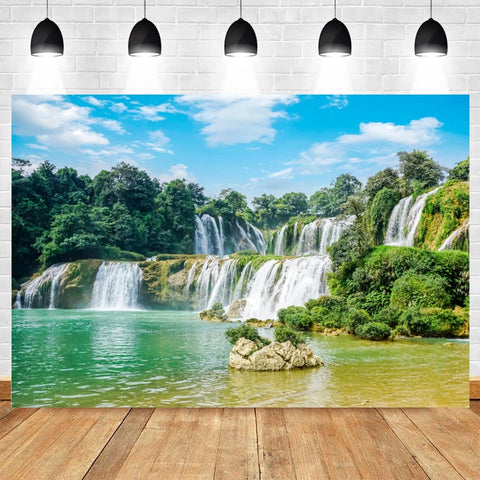 Nature Scenery Waterfall Mountain Water Backdrop Spring Landscape Window Summer Forest Jungle Background Photography Banner Prop