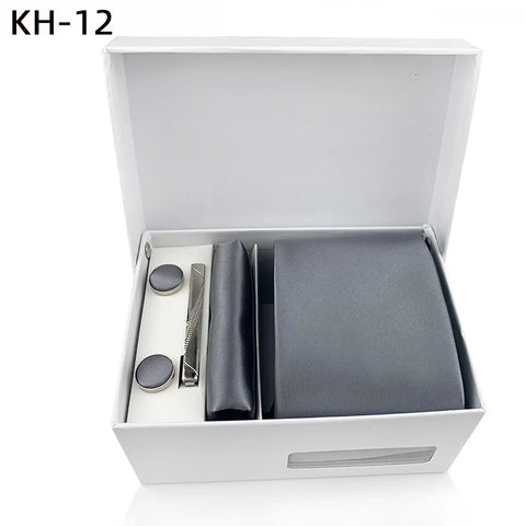 Mens Silk Tie 8cm Solid Red Blue Necktie Handkerchief Cufflinks Gift box set Formal Ties For Man Workplace Business Wedding Gift