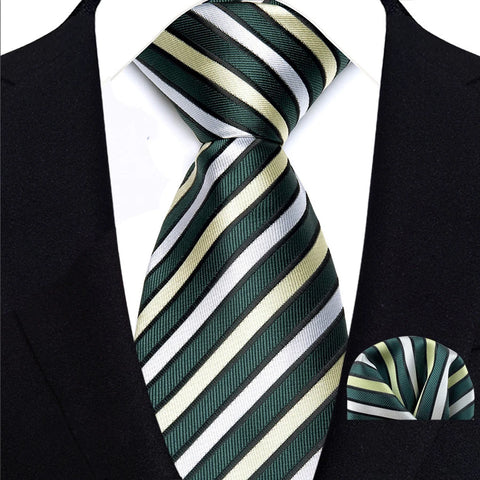 Men's Ties Dark Green Color Dot Striped Floral 8cm Jacquard Necktie Handkerchief Set Accessories Daily Wear Cravat Wedding Party
