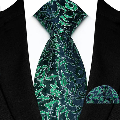 Men's Ties Dark Green Color Dot Striped Floral 8cm Jacquard Necktie Handkerchief Set Accessories Daily Wear Cravat Wedding Party