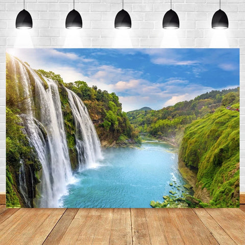 Nature Scenery Waterfall Mountain Water Backdrop Spring Landscape Window Summer Forest Jungle Background Photography Banner Prop