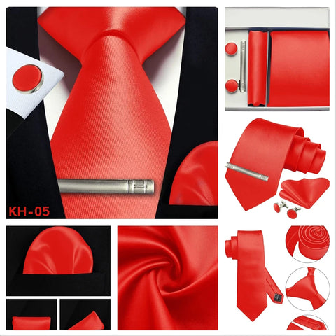 Mens Silk Tie 8cm Solid Red Blue Necktie Handkerchief Cufflinks Gift box set Formal Ties For Man Workplace Business Wedding Gift