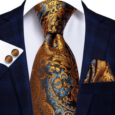 Hi-Tie Designer Orange Paisley Silk Wedding Tie For Men Handky Cufflink Gift Mens Necktie Fashion Business Party Dropshiping