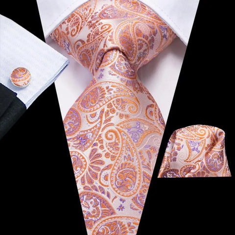 Hi-Tie Designer Orange Paisley Silk Wedding Tie For Men Handky Cufflink Gift Mens Necktie Fashion Business Party Dropshiping