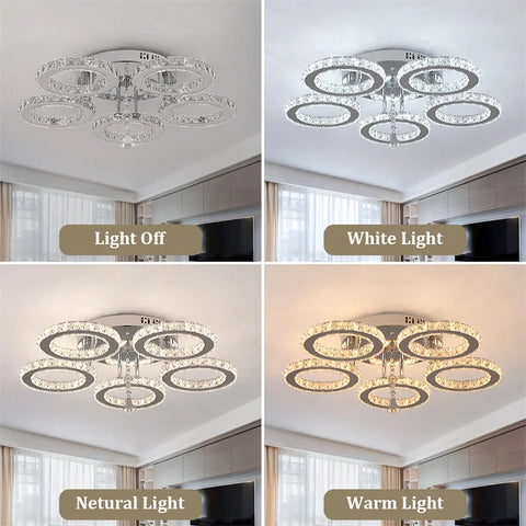 5 Rings Crystal Led Chandeliers Ceiling Mirror Stainless Steel Lustre Cristal For Kitchen Luminarias Parateto Fixtures Plafonier