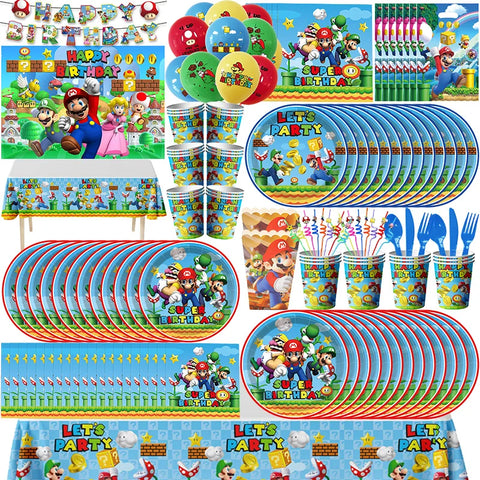 Super Mario Birthday Decoration Party Supplies Set Game Mario Bros Theme Balloons Party kit Tableware Straw Cup Plates Kids Toy