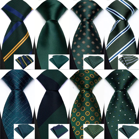 Men's Ties Dark Green Color Dot Striped Floral 8cm Jacquard Necktie Handkerchief Set Accessories Daily Wear Cravat Wedding Party