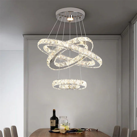 Modern Crystal Rings Led Chandelier Indoor Luxury Ceiling Lamp Dimming And Remote Control Pendan Lighting Chrome Lustre Fixtures