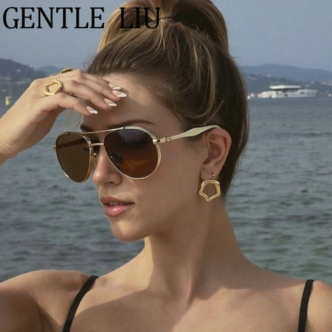 Steampunk Oval Pilot Sunglasses Women 2025 Luxury Brand Vintage Double Beam Metal Frame Sun Glasses Outdoor UV400 Eyewear Shades