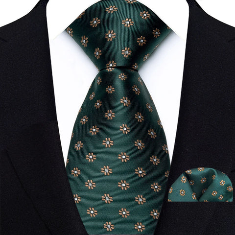 Men's Ties Dark Green Color Dot Striped Floral 8cm Jacquard Necktie Handkerchief Set Accessories Daily Wear Cravat Wedding Party
