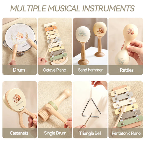 Montessori Wooden Toy Multicolor Xylophone Bell Beads Drum Column Musical Instrument Toy Kid Educational Musical Instrument Gift