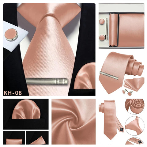 Mens Silk Tie 8cm Solid Red Blue Necktie Handkerchief Cufflinks Gift box set Formal Ties For Man Workplace Business Wedding Gift