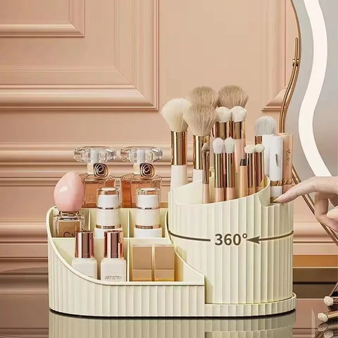 360° Rotating Vanity Makeup Organizer with Brush Holder, Large Spinning Cosmetic Storage for Skincare, Perfumes and Lotions
