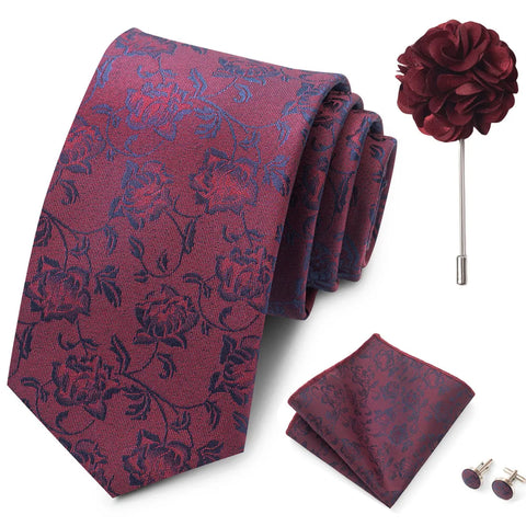 Wholesales Fashion 8 cm Tie Set Necktie Pocket Squares Cufflink Pin Set Purple Paisley Men Gravatas Fit Birthday Gift