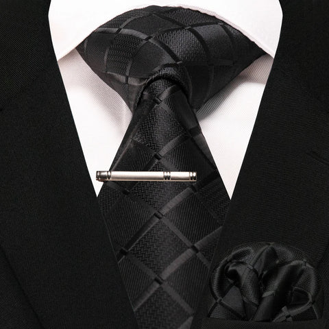 JEMYGINS New Fashion Black Plaid Men's Tie 8cm Silk Business Necktie Handkerchief Tie clips set Wedding Party Tie Gift For Men