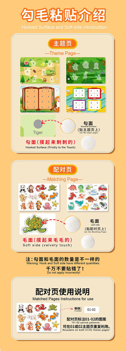 Busy Book for Toddlers Ages 2-6 Quiet Book Preschool Learning Activity Reusable Sticker & Velcro Matching Montessori Fine Mot